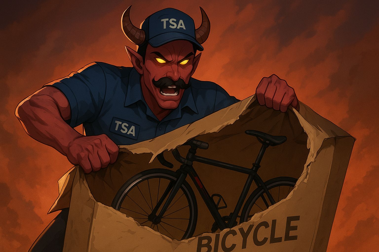 Computer: draw a TSA baggage handler as a kpop demon tearing open a bicycle box. He should have a mustache.